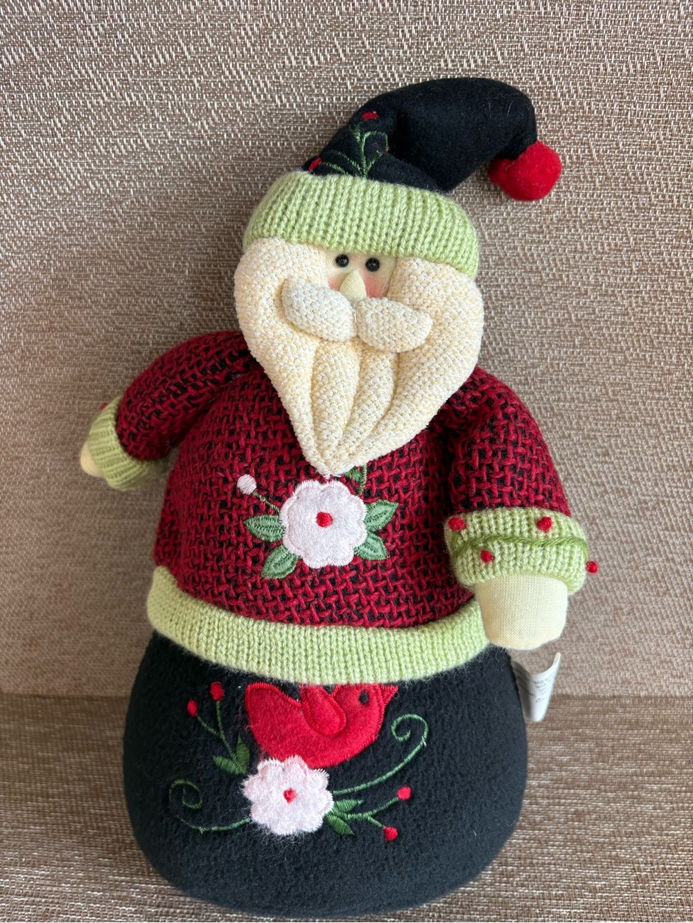 Plush Santa Claus Shelf Sitter Figurine Knit Sweater Embroidered Bird Christmas